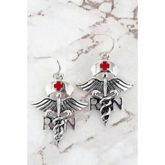 SILVERTONE REGISTERED NURSE EARRINGS - Picture 1 of 1